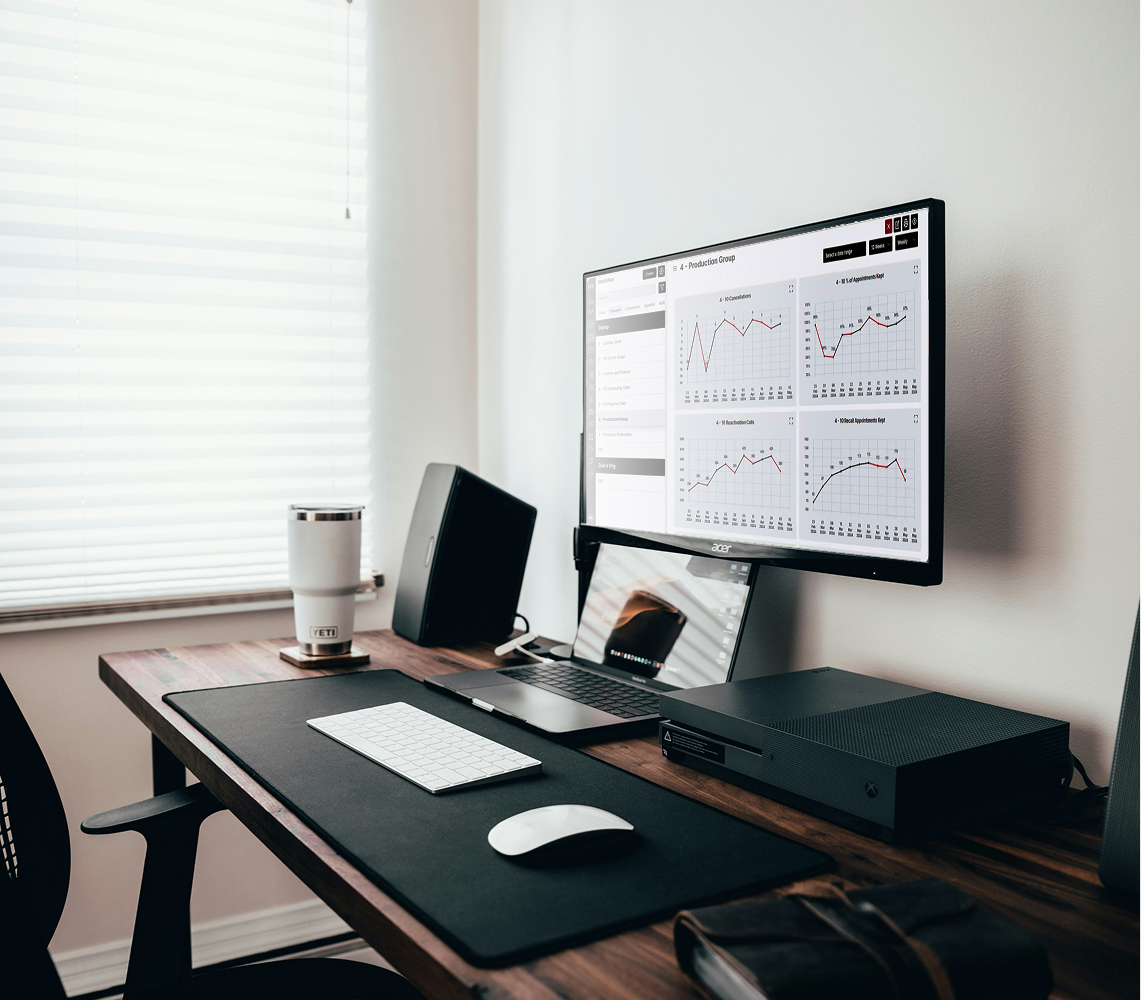 A desk with a computer.